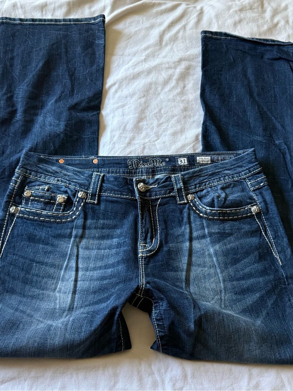 Miss Me Dark Blue Bootcut Jeans with Contrast Stitching
